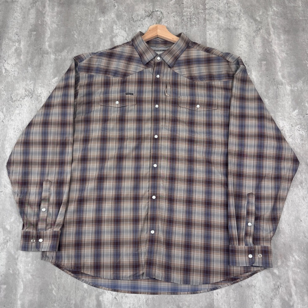 Poncho The Muleshoe Western Shirt Mens XXL Brown Blue Plaid Pearl Snap UPF 50